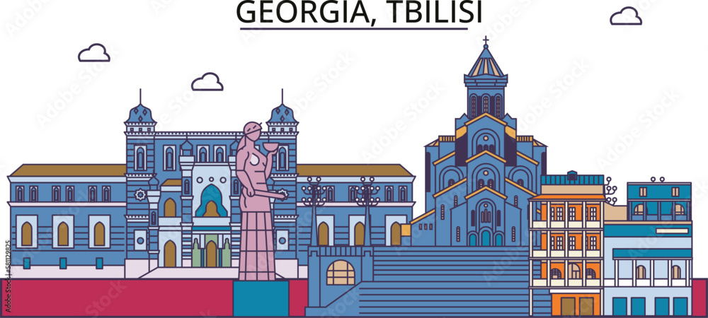 Georgia, Tbilisi tourism landmarks, vector city travel illustration