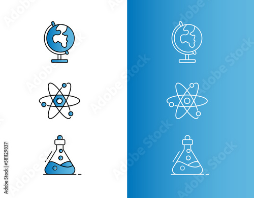Geography icon, chemistry icon, and physics icon. Vector line icons with editable strokes.