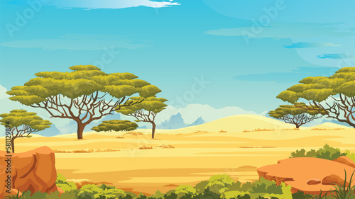 Kenya panoramic view, mountains and skyline, wild nature. African savannah landscape with green trees, and plain grassland field under blue clear sky, river and jungle plants.