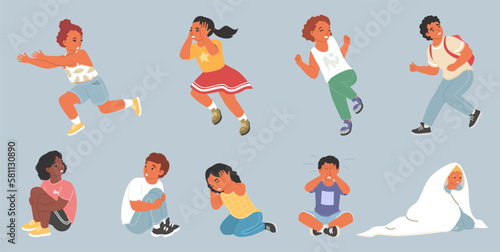 Children fears vector little kids phobias set