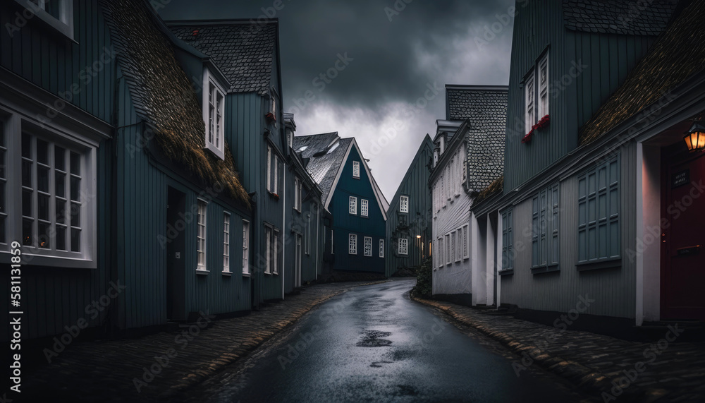 Cute village in Norway. Scandinavian inspired minimalism. Generative AI