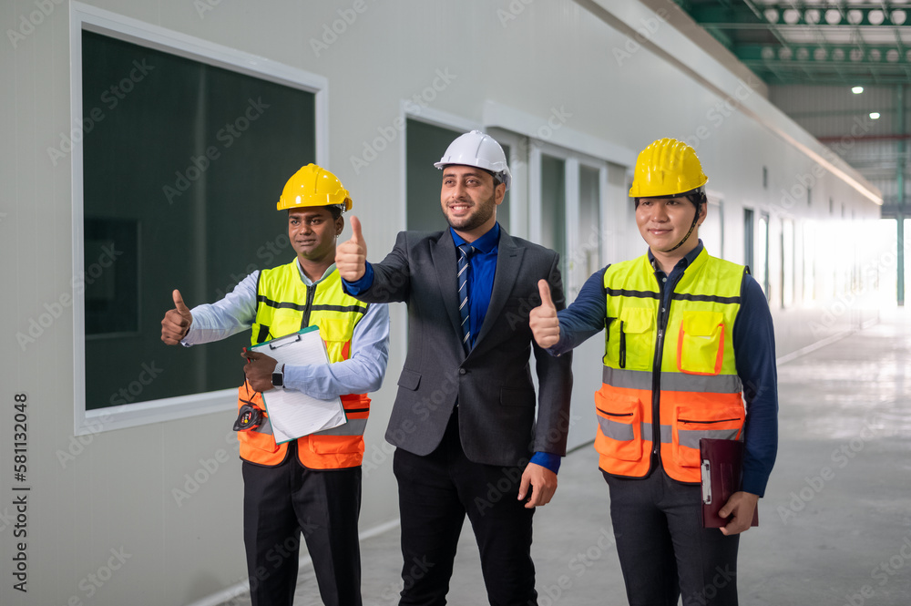 Portrait of Groups diversity workers factory , Teamwork construction standing confident factory background