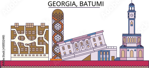 Georgia, Batumi tourism landmarks, vector city travel illustration