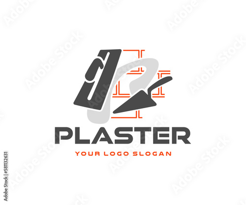 Trowel and spatula plastering a brick wall graphic design. Plastering and smoothing concrete wall with cement logo design. Plastering tools for interior or exterior vector design