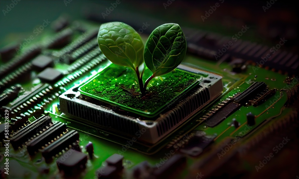 Growing tree on the converging point of acomputer circuit board. Nature