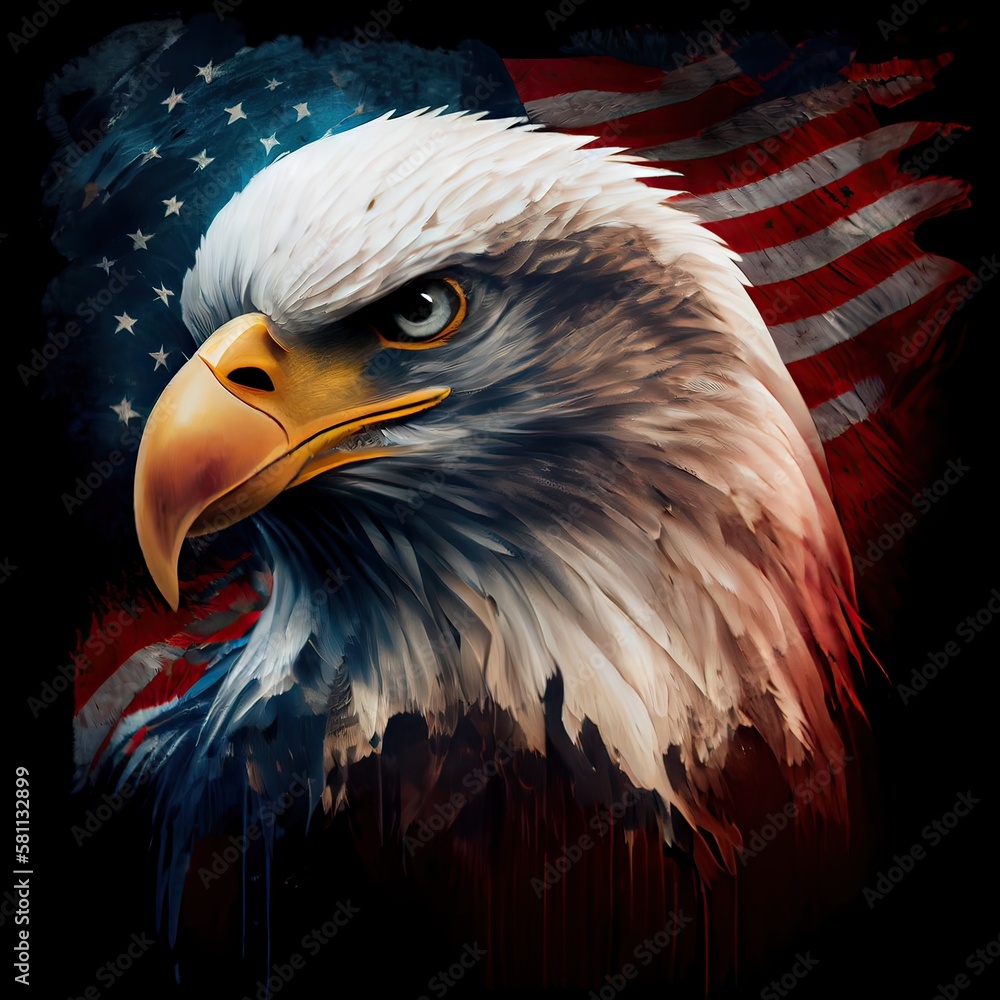 Fototapeta premium eagle and USA flag national poster. American Bald Eagle - a symbol of America with flag. Bald eagle on american flag background created. Generative AI