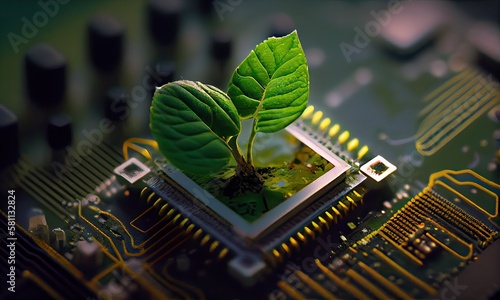 Growing tree on the converging point of acomputer circuit board. Nature with Digital Convergence and Technological Convergence. Green Computing, Green Technology, Green IT, csr, Generative Ai photo