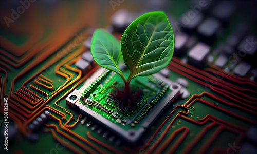 Growing tree on the converging point of acomputer circuit board. Nature with Digital Convergence and Technological Convergence. Green Computing, Green Technology, Green IT, csr, Generative Ai