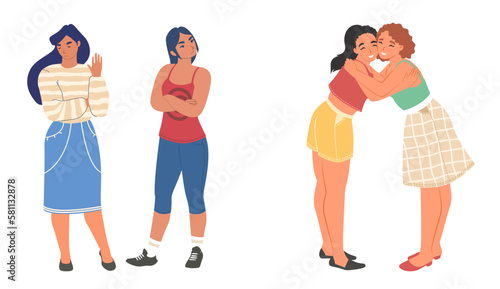 Woman friendship and quarrel vector scene on white