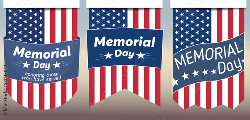 vertical american flag garland with emblem Memorial Day patriotic greeting text. Holiday flyer sticker template set