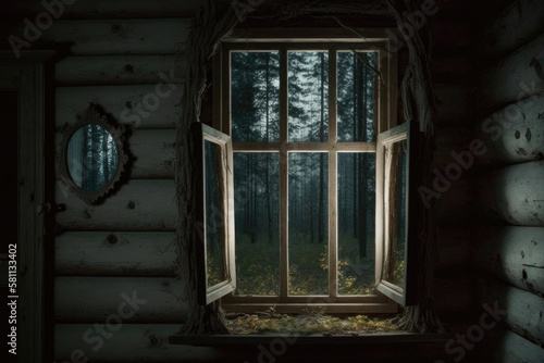  An open window in an old abandoned overgrown wooden house, created with Generative AI technology.