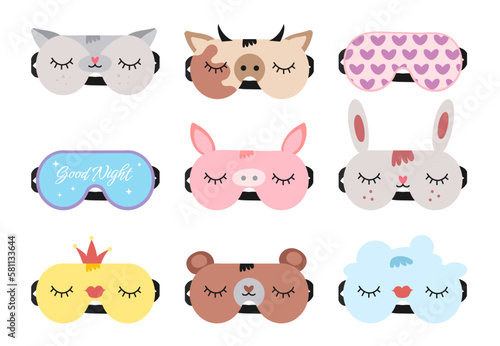 Sleep masks. Night mask with cute eyes, sleep quotes, pig, bear and cat faces. Cartoon animal mask for pajama print vector set. Elements of nightwear for rest and relaxation