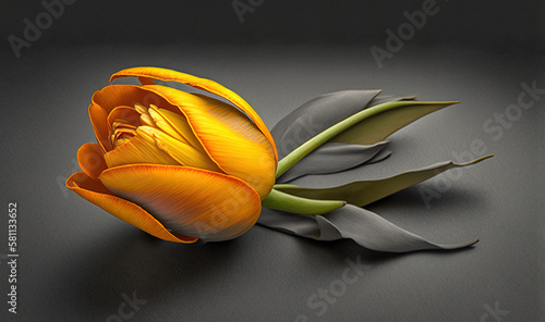  a single yellow tulip on a black background with a green stem in the center of the picture is a single tulip on a black background with a single green stem in the middle. generative ai