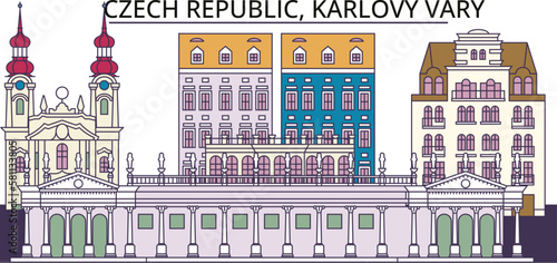 Czech Republic, Karlovy Vary tourism landmarks, vector city travel illustration