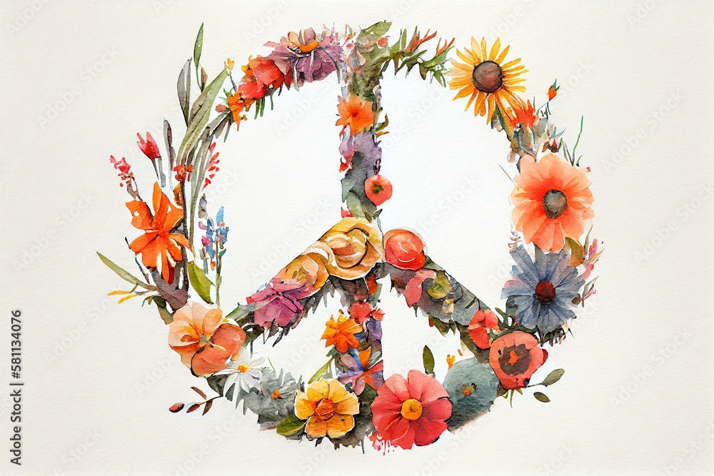 Watercolor Illustration of a A Peace Sign Made Out Of Flowers On White Background. Generative AI
