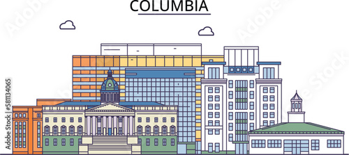 United States, Columbia City tourism landmarks, vector city travel illustration