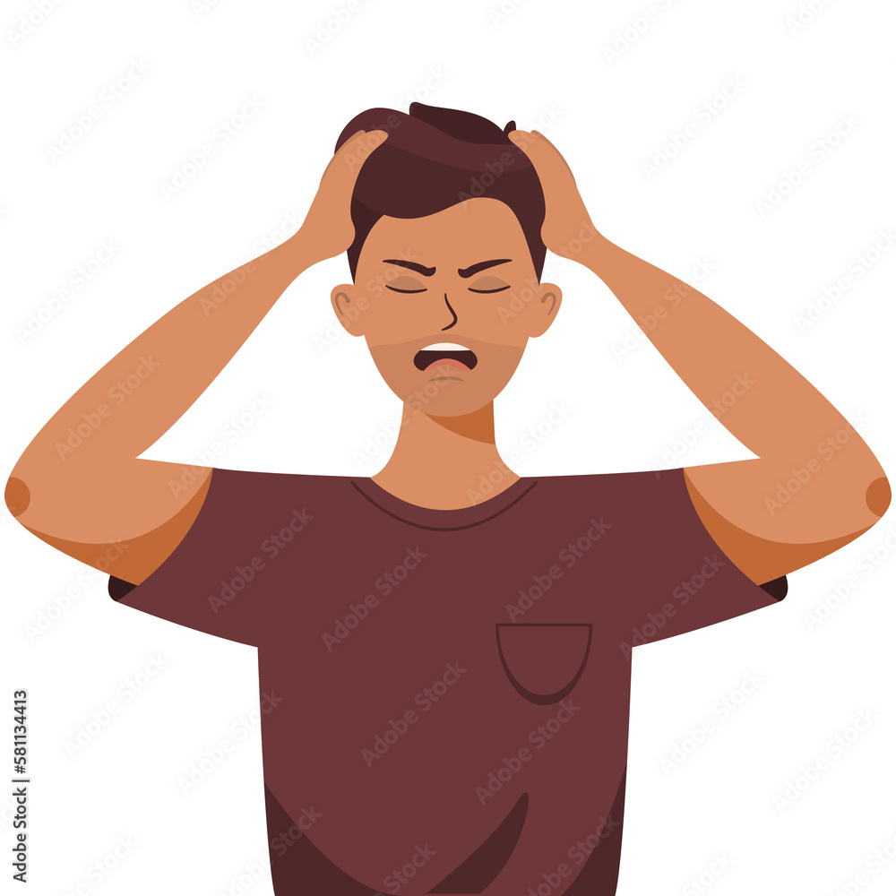 An irritated screaming man holds his head with his hands An irritated screaming man holds his head with his hands