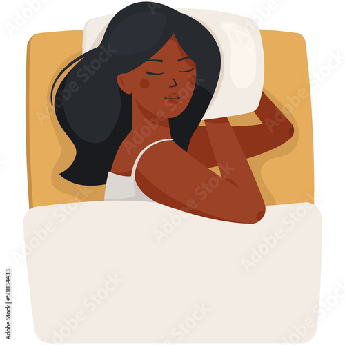 A dark-skinned woman sleeping on a bed in a cartoon flat style