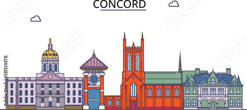 United States, Concord tourism landmarks, vector city travel illustration