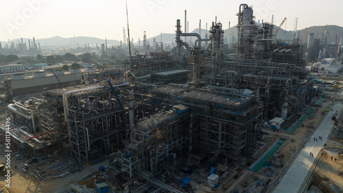 Mega project area, industrail plant construction large crude oil refinery, aerial view,