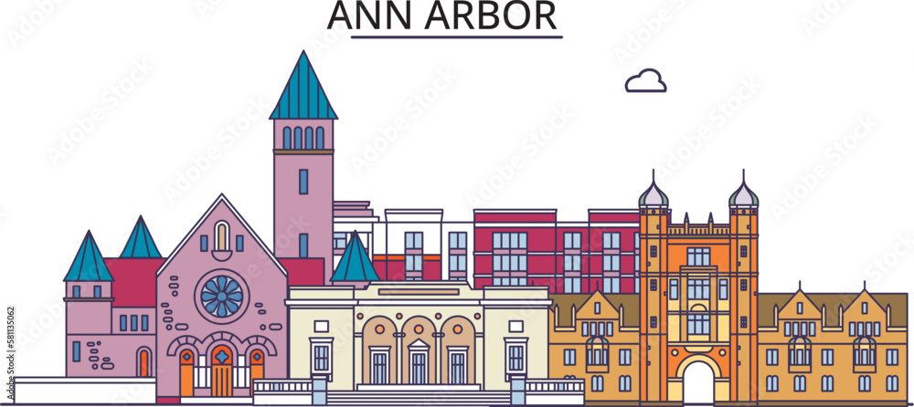 United States, Ann Arbor tourism landmarks, vector city travel illustration