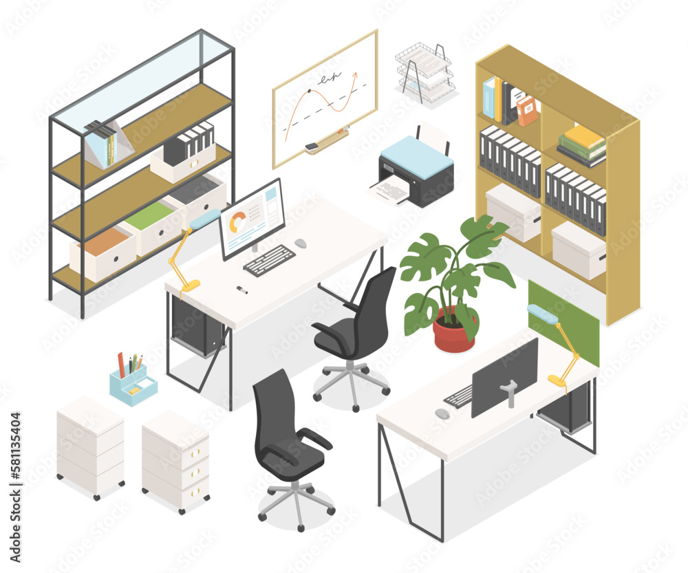 Office workplace - modern vector colorful isometric object set - obrazy, fototapety, plakaty 