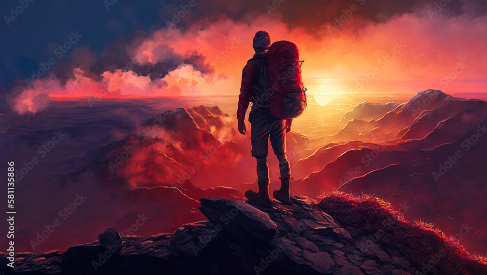 Man standing on top of a mountain with a backpack on his back and a sunset in the background behind him, with a red sky and orange clouds and a red hued. Generative AI