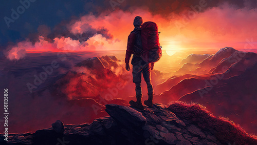 Man standing on top of a mountain with a backpack on his back and a sunset in the background behind him, with a red sky and orange clouds and a red hued. Generative AI © Ruslan Gilmanshin