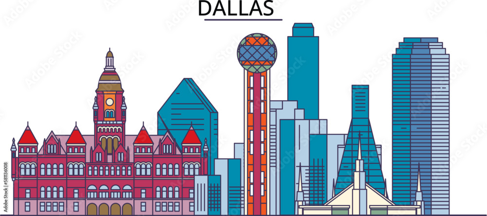 United States, Dallas City tourism landmarks, vector city travel illustration