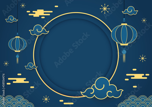 Happy Chinese new year 2024. Chinese new year banner with circle for show product. Greeting card. China frame with lantern on blue background.
