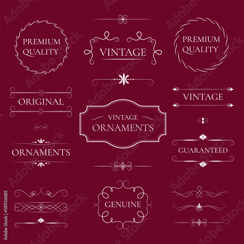 A collection of vintage ornaments isolated. Vintage typographic decorative elements set vector illustrations. Labels and badges, premium ribbons, luxury ornate, calligraphic swirls, frame borders.