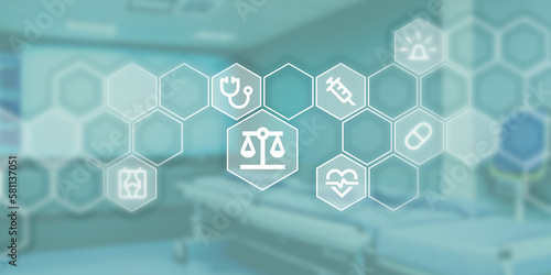 Grafik als Symbolbild für Medizin und Recht. Icons für Patientenrechte und medizinische Versorgung in einem Netzwerk vor Hintergrundbild.