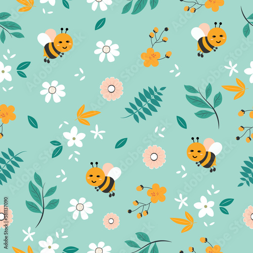 Little bee flies to admire fragrant flowers in the garden. Vector illustration for seamless print.