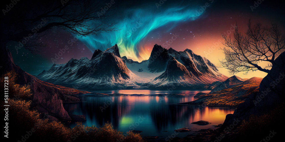 paysage enneigé avec des montagnes et aurores boréales