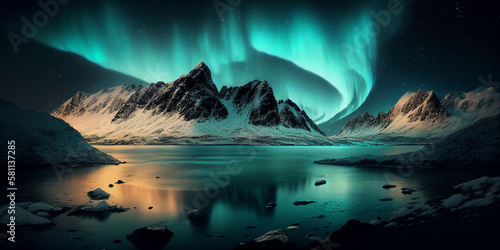 paysage enneigé avec des montagnes et aurores boréales