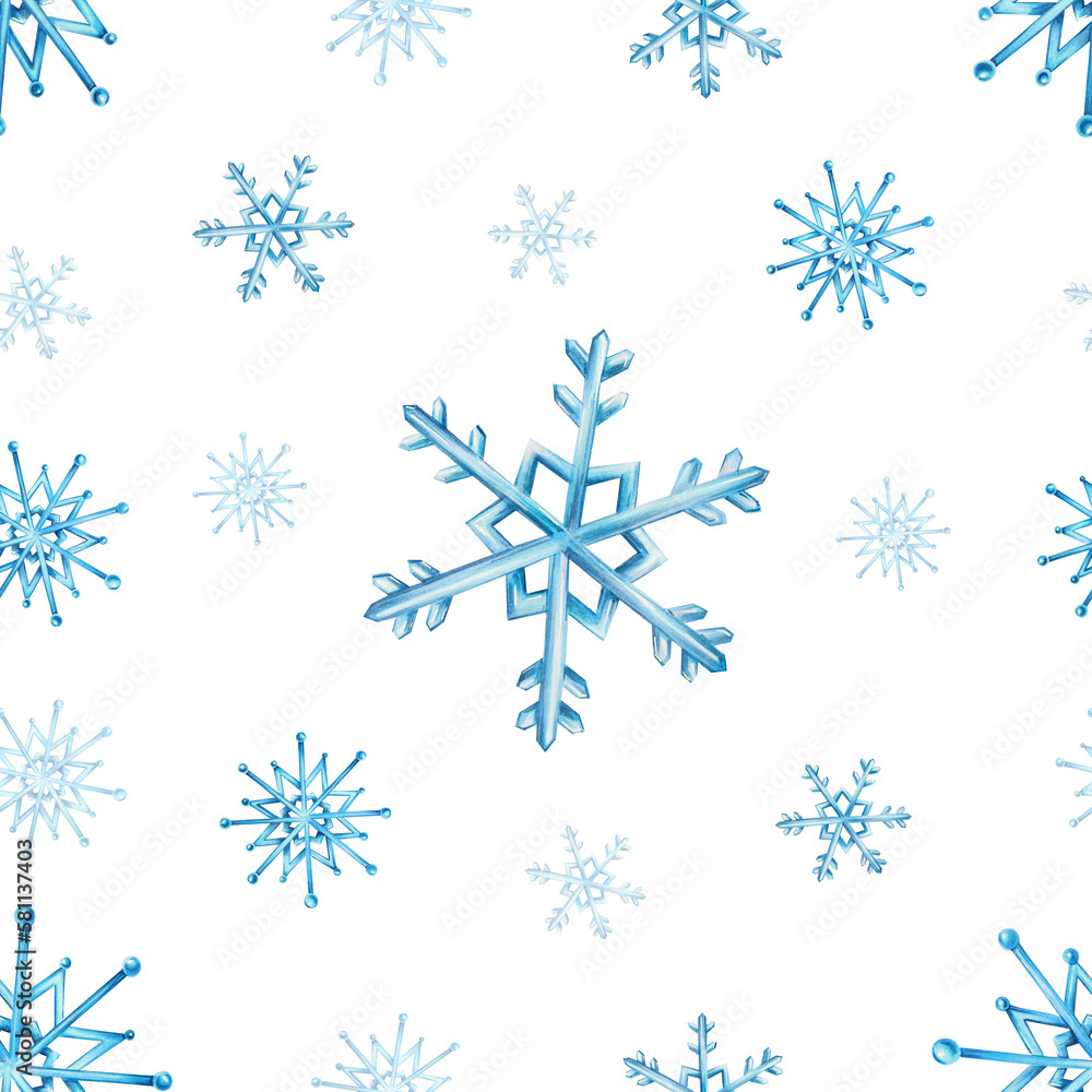 Watercolor seamless pattern with snowflakes. Hand painting on an isolated background. For designers, decoration, postcards, wrapping paper, scrapbooking, covers, invitations, posters and textile Watercolor seamless pattern with snowflakes. Hand painting on an isolated background. For designers, decoration, postcards, wrapping paper, scrapbooking, covers, invitations, posters and textile