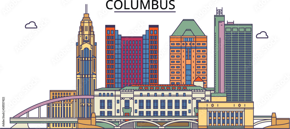 United States, Columbus City tourism landmarks, vector city travel illustration