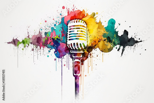 Mic musical instrument notes watercolor dark background. Generative AI photo