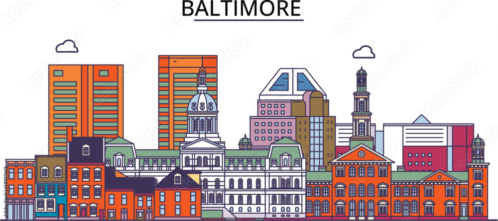 United States, Baltimore City tourism landmarks, vector city travel illustration