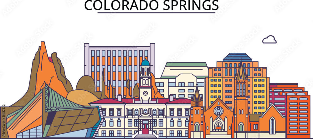 United States, Colorado Springs City tourism landmarks, vector city travel illustration