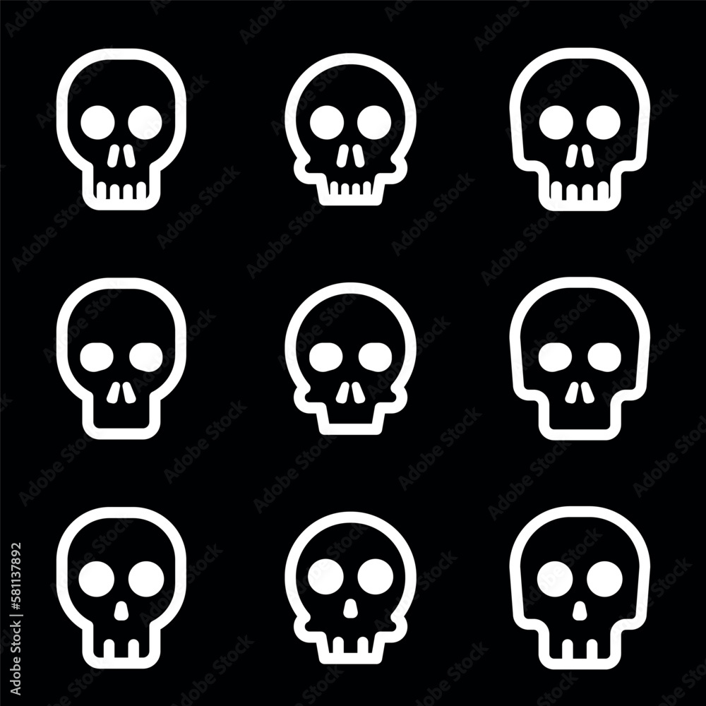 Obraz premium Skulls and crossbones. Skulls with cross icon collection isolated on white background. Death logo, symbol, sign. pirate symbol. Vector graphic. 