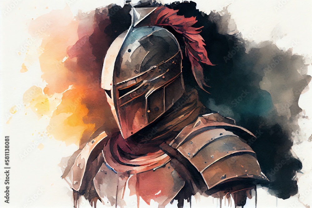 Fototapeta premium Watercolor Illustration of a Role Play D&D Character Portrait Heavy Armor Knight Warrior. Generative AI