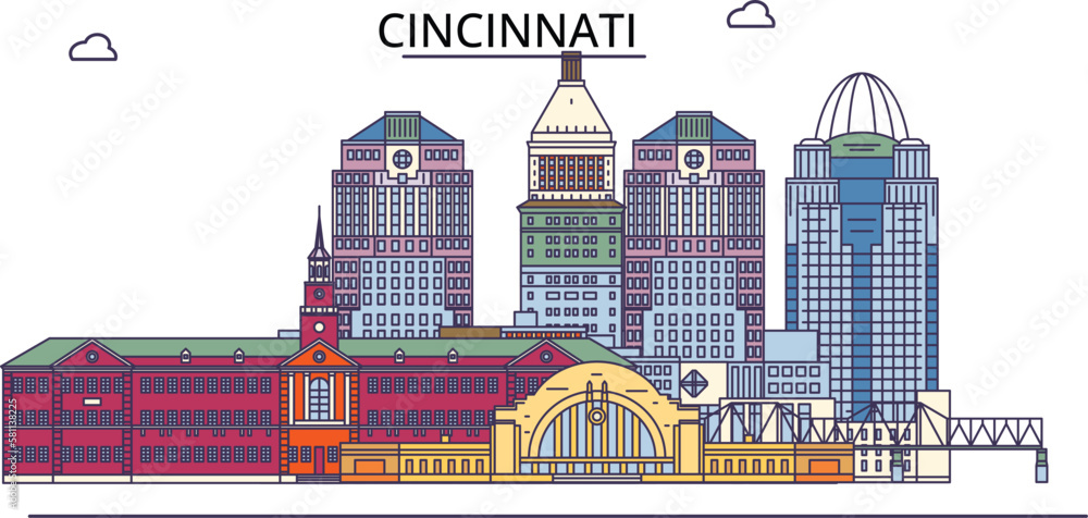 United States, Cincinnati City tourism landmarks, vector city travel illustration