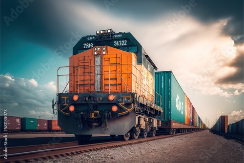 large containers with cargo delivered by cargo train to railway station, created with generative ai photo