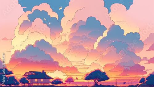 アニメ調　夕焼け　マジックアワー　空　雲　黄昏Anime style sunset magic hour sky cloud twilight © sunafe