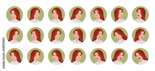 Business consultant professional lady avatar, office manager portrait set employee bundle. Different emotions face icons, character pic. Vector flat style cartoon circle set isolated, white background