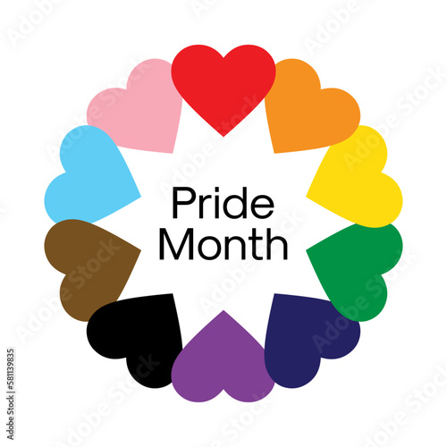 Pride Month Vector Illustration. LGBTQ Pride Month Logo or Symbol with Love Hearts in Progress Pride Flag Colors. Rainbow Hearts Pride Illustration for Badge, Sticker, Logo, Poster etc