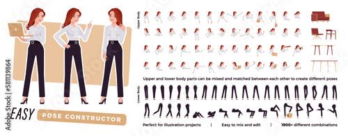 Business consultant character easy pose constructor. Office girl drag drop set, female assistant body match, figure building. Vector flat style cartoon construction kit isolated, white background