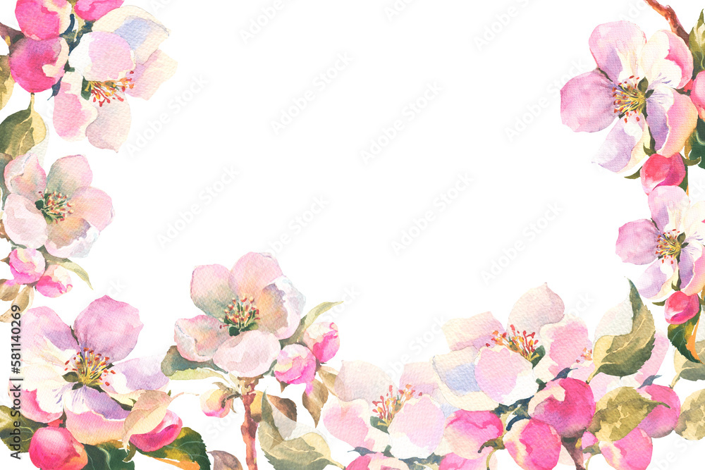 Watercolour illustration, delicate branch of an apple tree with flowers and leaves. Horisontal frame with Spring pink flowers, with empty plase for you text, template for postcard Watercolour illustration, delicate branch of an apple tree with flowers and leaves. Horisontal frame with Spring pink flowers, with empty plase for you text, template for postcard