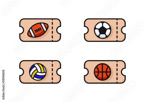 Sports tickets collection. Ball game ticket, sport ticketing office logo